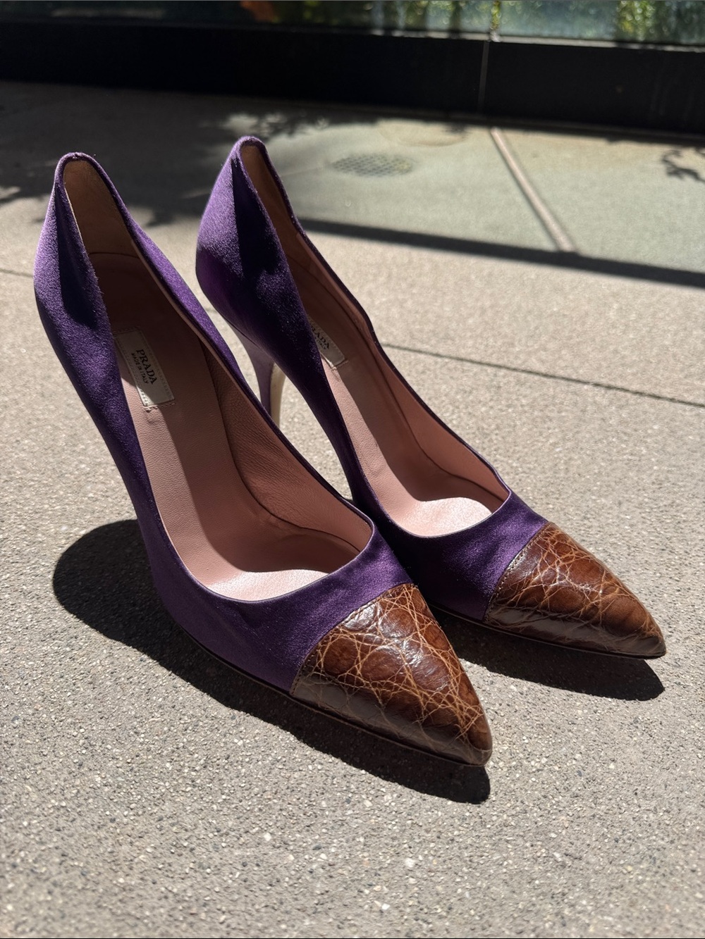 Authentic Prada Purple Satin + Croc Cap-Toe Pumps | Size 37.5, 3.5” Heel